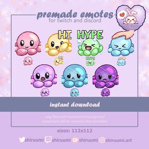 Emote Pack Mood Octopus Premade Custom Colors for Twitch and Discord Digital File Emotes