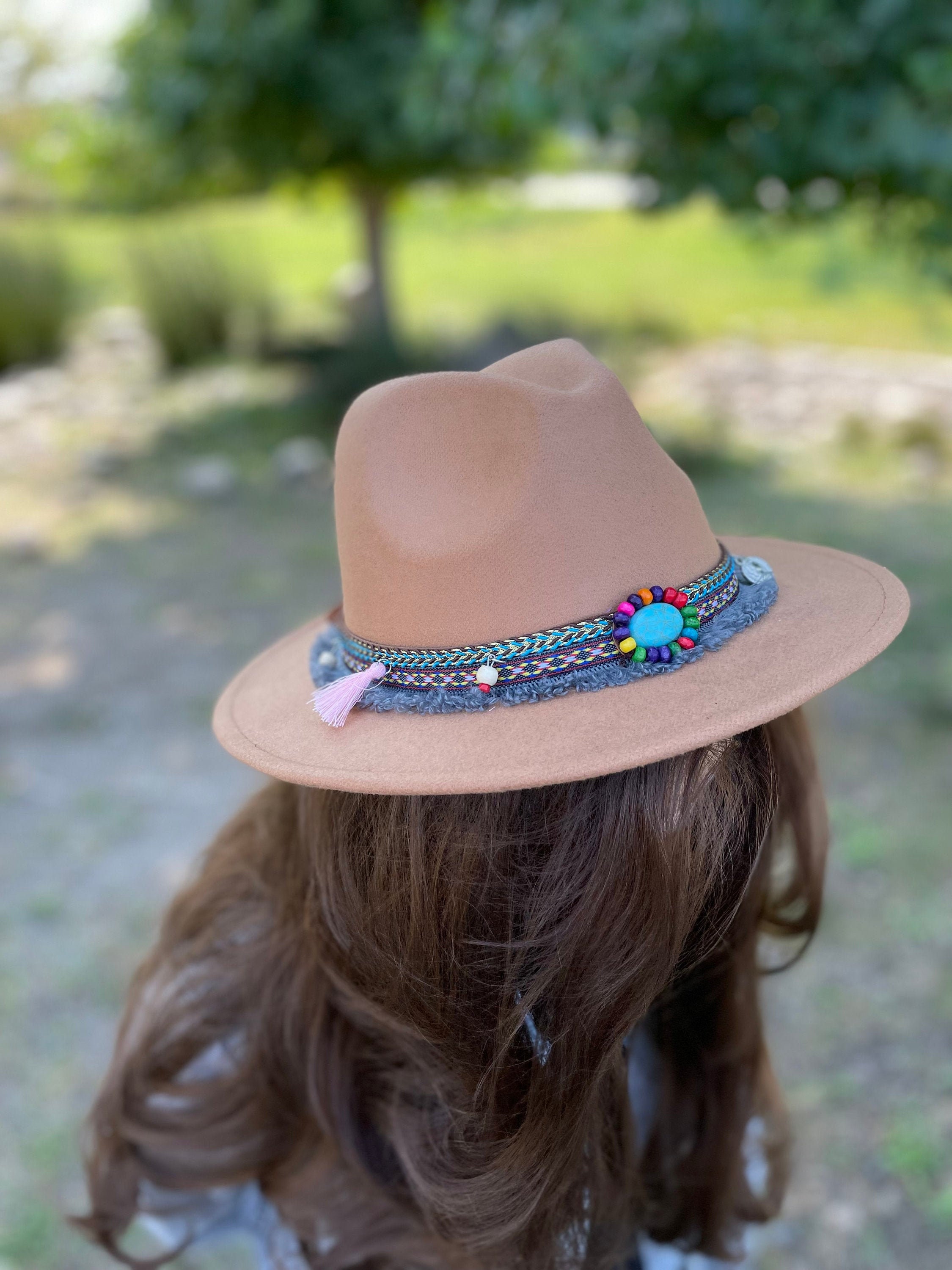 Retro fedora hat, Fall Festival Hat,Jazz fashion Vegan Felt hat, Stylish Hat,Unique Artistic Back of Hat, Wide Brim Felt Fedora Hat