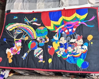 VTG Handmade Mickey Mouse Friends Blue Quilt Wall Hanging Loops Hot Air Balloon