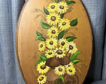 MCM Daisy Mushroom Hand Painted Wood Wall Hanging Oval Floral Flower Signed
