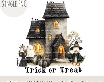 Pato y gato negro de Halloween PNG, lindo diseño de sublimación espeluznante para niños, imágenes prediseñadas de animales de truco o trato, imprimible de otoño
