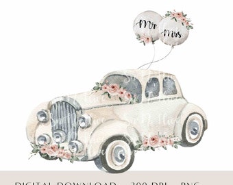 Just Married Watercolor Car Clipart, Wedding PNG (Digital Download)