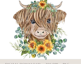 Highland Cow With Sunflowers PNG, Sunflower Sublimation Designs, Sunflowers, Cow Birthday Card Design, Farmhouse Digital Download