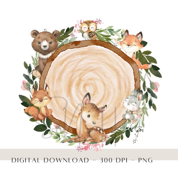 Woodland Animals, Woodland Wreath PNG, Forest Friends First Birthday PNG, Woodland Clipart, Kids Sublimation Design, Digital Download