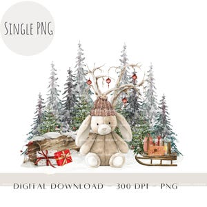 Scène de Noël avec lapin d'hiver PNG | Clipart décoration de Noël des bois | Étiquettes-cadeaux de Noël mignonnes, conception de cartes, téléchargement par sublimation