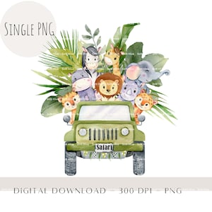Wild One PNG, cuccioli di animaletti ad acquerello, design a sublimazione Safari, design di biglietti d'auguri, sfondo di compleanno nella giungla, cake topper, digitale
