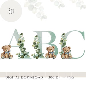 Letras de ursinho de pelúcia, alfabetos em aquarela, iniciais verdes em aquarela, decoração de primeiro aniversário de vegetação, monograma de urso de eucalipto PNG, chá de bebê