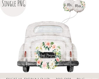 Just Married Car Watercolor Clipart, Wedding PNG (Digital Download)