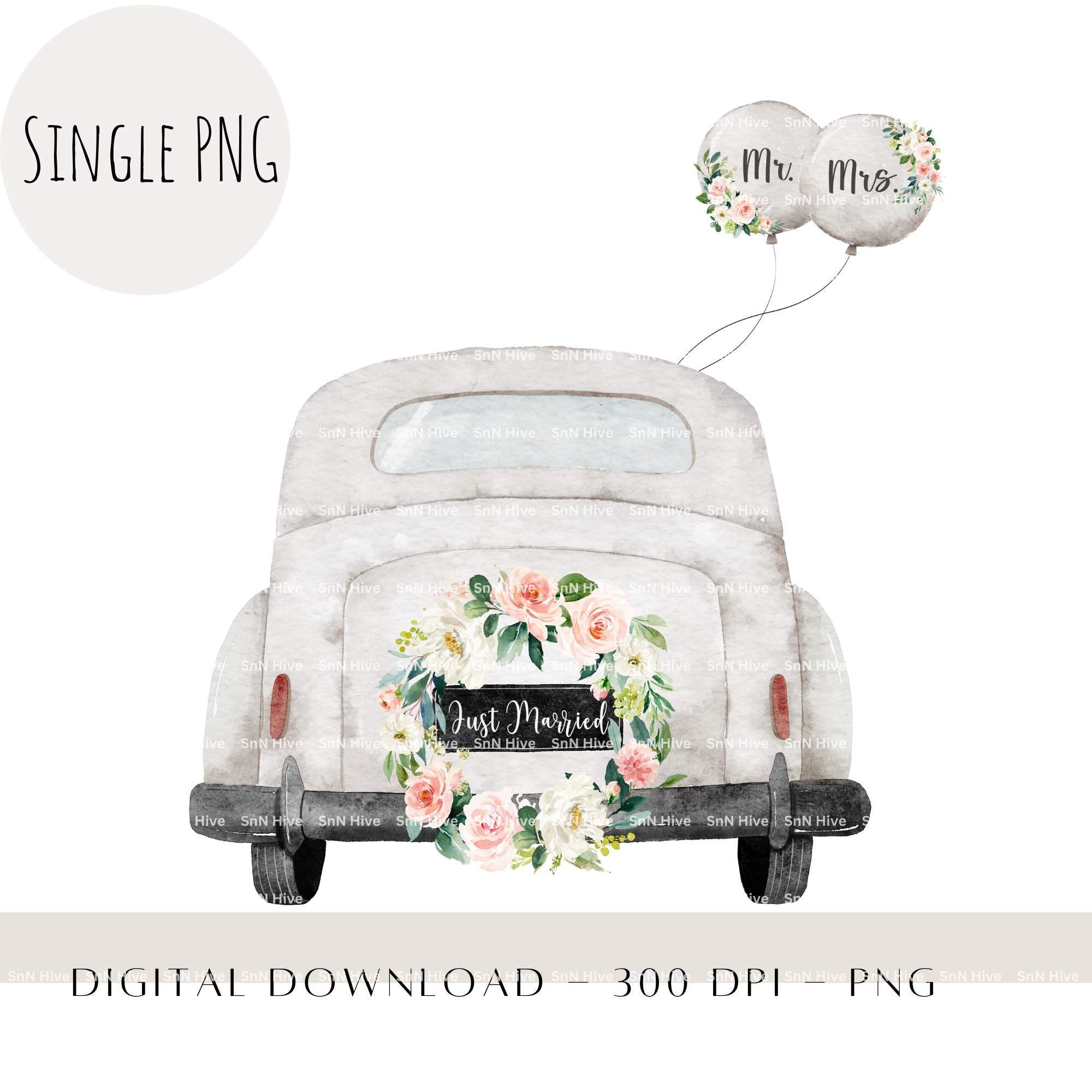 Just Married Car Watercolor Clipart, Wedding PNG (digital Download