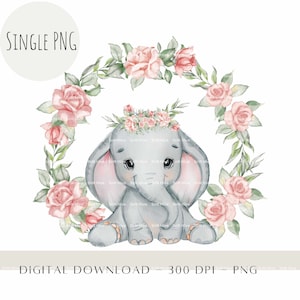 Elefantino con ghirlanda, acquerello bambini animali sublimazione PNG, ClipArt Safari, decorazioni per il primo compleanno, download di stampa di calore elefante