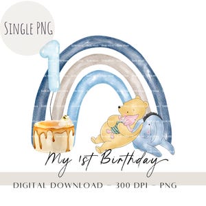 Winnie The Pooh First Birthday PNG, Watercolor Rainbow Clipart, Cute Bear Cake Smash, Honey Cake Birthday Party Decor, Instant Download