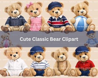 Imágenes prediseñadas de ositos de peluche clásicos y adorables, osito de peluche estilo preppy en formato PNG, imágenes prediseñadas de ositos de peluche vintage para baby shower, osito de peluche para niño y niña en formato PNG, uso comercial.
