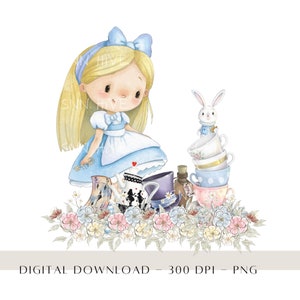 Alicia y el conejo blanco PNG, diseño de sublimación para niños de Alicia, diseño digital de cumpleaños de Alicia, clipart de cumpleaños de niñas, descarga digital