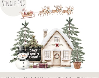Julhus och jultomtens släde PNG Clipart (digital nedladdning)