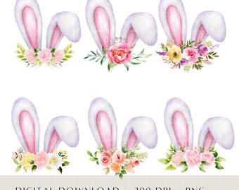 Spring Floral Easter Bunny Ears Clipart Bundle, Easter Sublimation Design, Easter Card Designs, Heat Transfer, Easter Digital Download