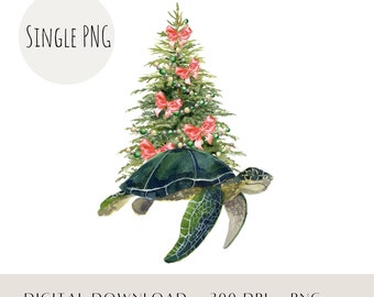 Watercolor Sea Turtle Christmas PNG, Xmas Tree (Digital Download)