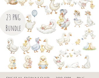 23 Momentos de la Familia Ganso, Ilustraciones en Acuarela de Mamá Ganso y su Cría, Arte Animal Infantil, Animales de Granja Descarga Digital Instantánea