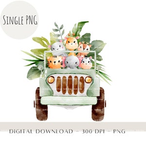 Clipart de elefante bebé, animales de acuarela PNG, clipart de animales de la jungla de safari en coche, arte infantil, diseños de sublimación para niños