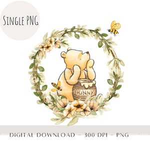 May include: A watercolour illustration of Winnie the Pooh sitting in a pot of honey with a floral wreath around him. The wreath is decorated with gold glitter and yellow flowers. There is a bee flying above the wreath.