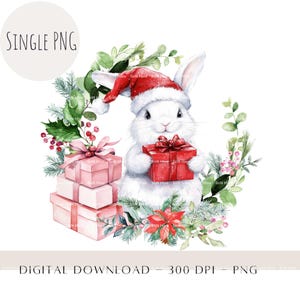 Weihnachtsmannmütze weißes Kaninchen Weihnachtskranz PNG, Feiertagsdekor PNG, Kinder Sublimationsdesign, Transferdateien, Strumpfdesign Sofort-Download