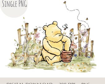 Pooh de cuento infantil con tarro de miel PNG, clipart clásico de oso con miel, diseño de sublimación para baby shower o cumpleaños, imprimible para guardería