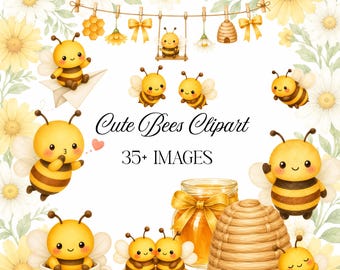 Cute Bees Watercolor Clipart PNG Bundle, 43 Bee Honeycomb Daisy Floral Clipart, Nursery Baby Shower, Seamless Pattern Commercial Use