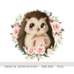 Hedgehog PNG floral, design de sublimação infantil, design de cartão de aniversário de ouriços, bebês da floresta PNG, chá de bebê PNG, download digital