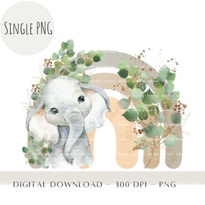 Bébé éléphant arc-en-ciel PNG, sublimation éléphant neutre, nouveau design de carte de bébé, décoration d'anniversaire Safari, Jungle PNG, téléchargement immédiat