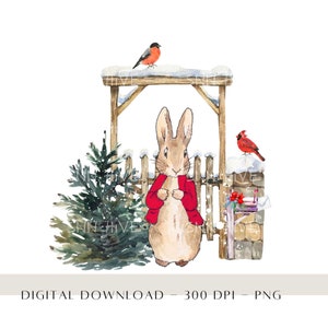 Lapin mignon Noël PNG, Clipart chalet de Noël, décoration hivernale PNG, sublimation pour enfants, transfert, DTF, téléchargement numérique instantané