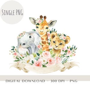 Animais de bebê Safari PNG, Designs de sublimação para crianças, Decoração de aniversário Safari, Guirlanda floral rosa, Girafa Heat Press, Festa na selva para impressão
