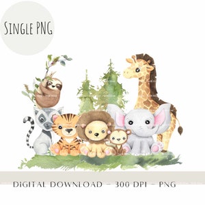 Safari Baby Animals, Watercolour Kids Animals Sublimation PNG, Safari Clip Art, First Birthday Décor, Giraffe Heat Press Digital Download