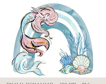 Mermaid Rainbow Clipart, Underwater Scene PNG (Digital Download)