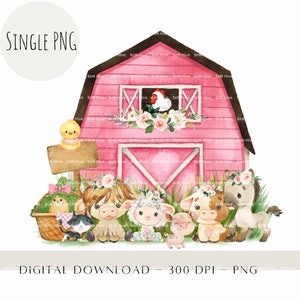 Animais de fazenda rosa, designs de cartões de animais bebês, design de sublimação infantil, fundo de aniversário, berçário de fazenda para impressão, download de topper de bolo