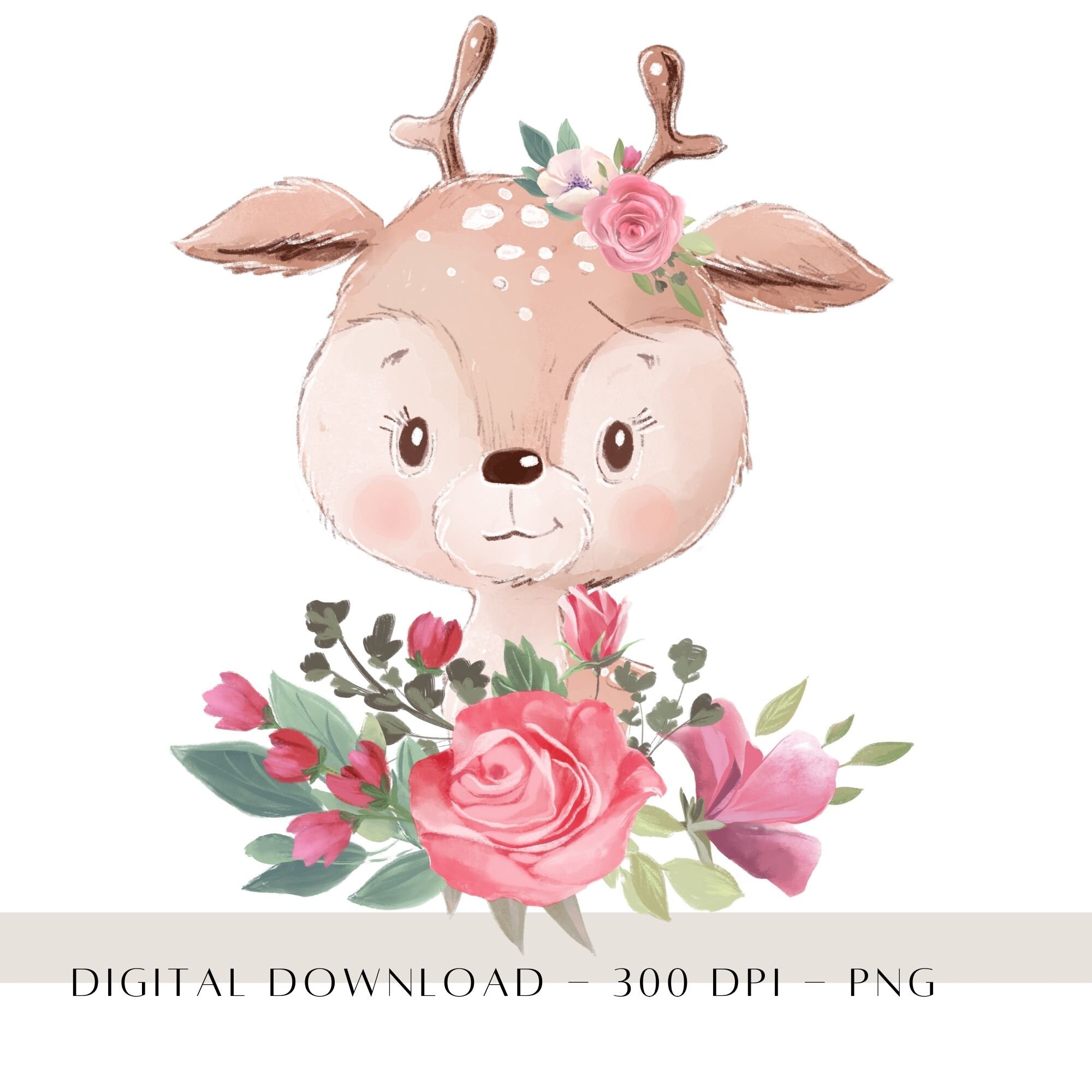 Floral Baby Deer PNG, Baby Animals Cute Sublimation PNG, First Birthday Décor, Party Printable, Card Design Images, Woodland Animals Clipart