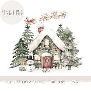 Maison de Noël et traîneau de renne du père Noël PNG, Clipart Noël, conception de sac de père Noël, sublimation de boîte de réveillon de Noël, téléchargement numérique instantané