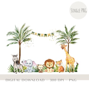 Animales bebés de safari, animales infantiles en acuarela (sublimación PNG), imágenes prediseñadas de safari, decoración para primer cumpleaños, descarga digital de jirafas para prensa térmica