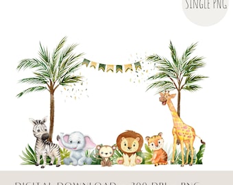 Watercolor Safari Animals PNG, First Birthday Clipart (Digital Download)
