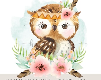 Boho Baby Owl PNG Sublimation Design (Digital Download)