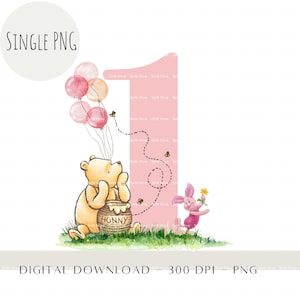 Op de afbeelding: Een aquarel-illustratie van Winnie de Poeh en Biggetje. Winnie de Poeh houdt een pot honing vast en is omringd door roze ballonnen. Biggetje houdt een gele bloem vast. De illustratie bevindt zich voor een roze nummer één.