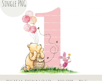 Puede incluir: Una ilustración de acuarela de Winnie de Pooh y Piglet. Winnie de Pooh está sosteniendo una olla de miel y está rodeado de globos rosas. Piglet está sosteniendo una flor amarilla. La ilustración está frente a un número uno rosa.