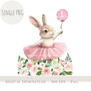 Ballerina Tutu Bunny 1. Geburtstag PNG, Bunny Geburtstag Clipart, Pink Floral Girls Geburtstagskartendesign, Weste Sublimation, digitaler Download