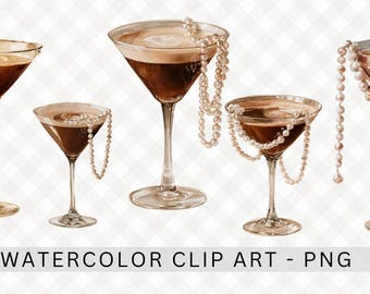 Watercolor Pearls Espresso Martini PNG, Christmas Cocktail PNG, Coupe Glass, Bow Clipart, Holiday Party Clipart, Set of 8, Digital Download