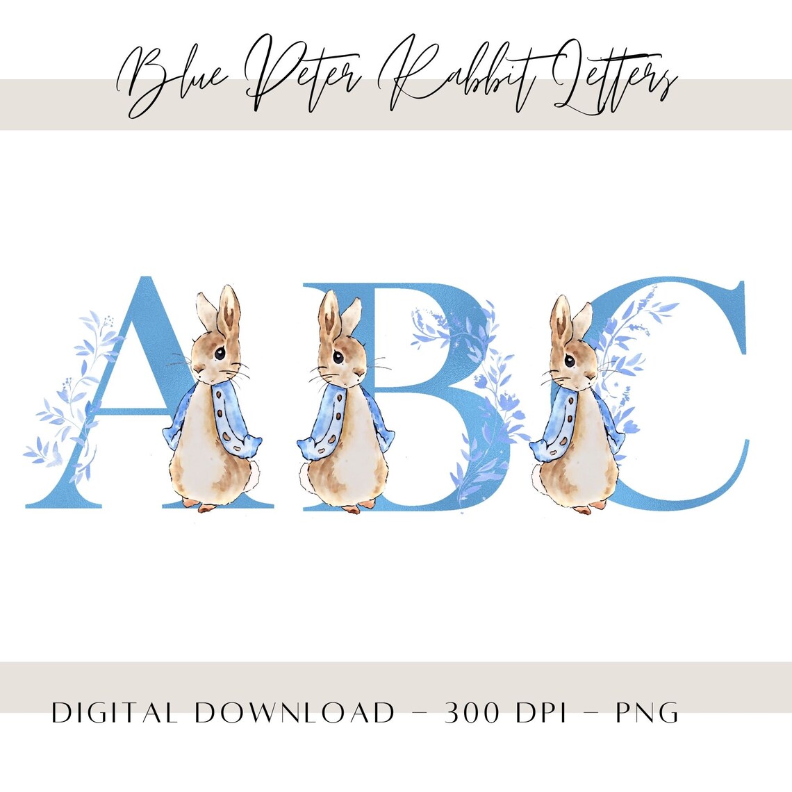 Blue Peter Rabbit Letters Floral Alphabet Clip Art Blue Foil Etsy UK