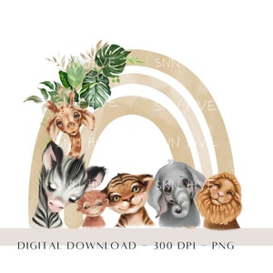 Safari Baby Tier, Kinder Tiere Sublimation, Aquarell Neutral Regenbogen Safari Clip Art, Geburtstag Dekor, Zoo Baby Shower, Digitaler Download