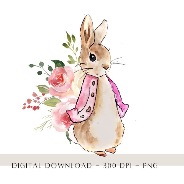 Flopsy Bunny PNG, Peter Rabbit 1st Birthday PNG, Peter Rabbit Floral Watercolor Design, Invite Card Design, Peter Rabbit Sublimation PNG