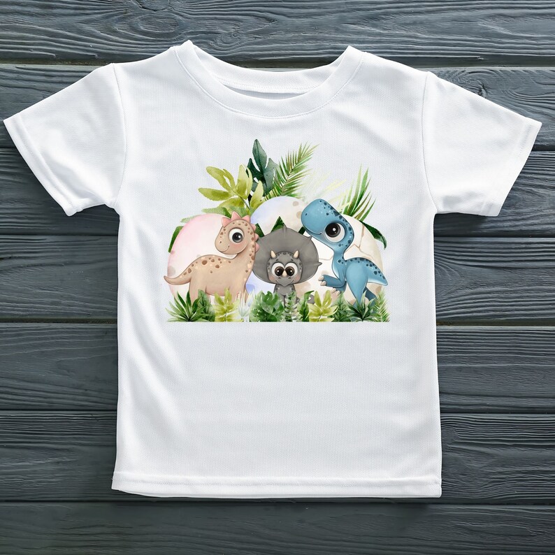 May include: White t-shirt with a graphic of three cartoon dinosaurs in eggs surrounded by green leaves. The dinosaurs are a brown stegosaurus, a gray triceratops, and a blue velociraptor.