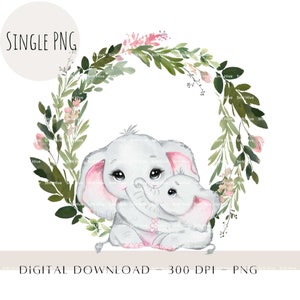 Madre cucciolo di elefante con ghirlanda, acquerello bambini animali sublimazione PNG, clipart Safari, decorazioni di compleanno, download di stampa di calore dell'elefante