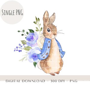 Pierre lapin PNG, Pierre lapin Floral Design Clipart, conception de cartes d'invitation, Pierre lapin sublimation PNG, décoration d'anniversaire, téléchargement numérique