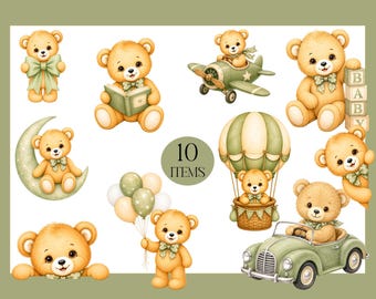 Paquete de imágenes prediseñadas de acuarela de aventuras de ositos de peluche, imágenes prediseñadas de ositos bebés para guardería, globo aerostático, avión, luna, globos, PNG, oso vintage
