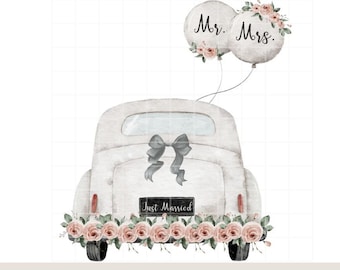 Just Married Car Watercolor Clipart, Mr & Mrs Balloons (PNG Digital Download)